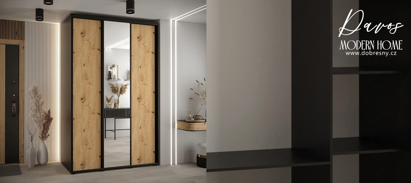 Šatní skříň s posuvnými dveřmi a zrcadlem DAVOS 150cm | Černá / DUB Artisan / černé pojezd