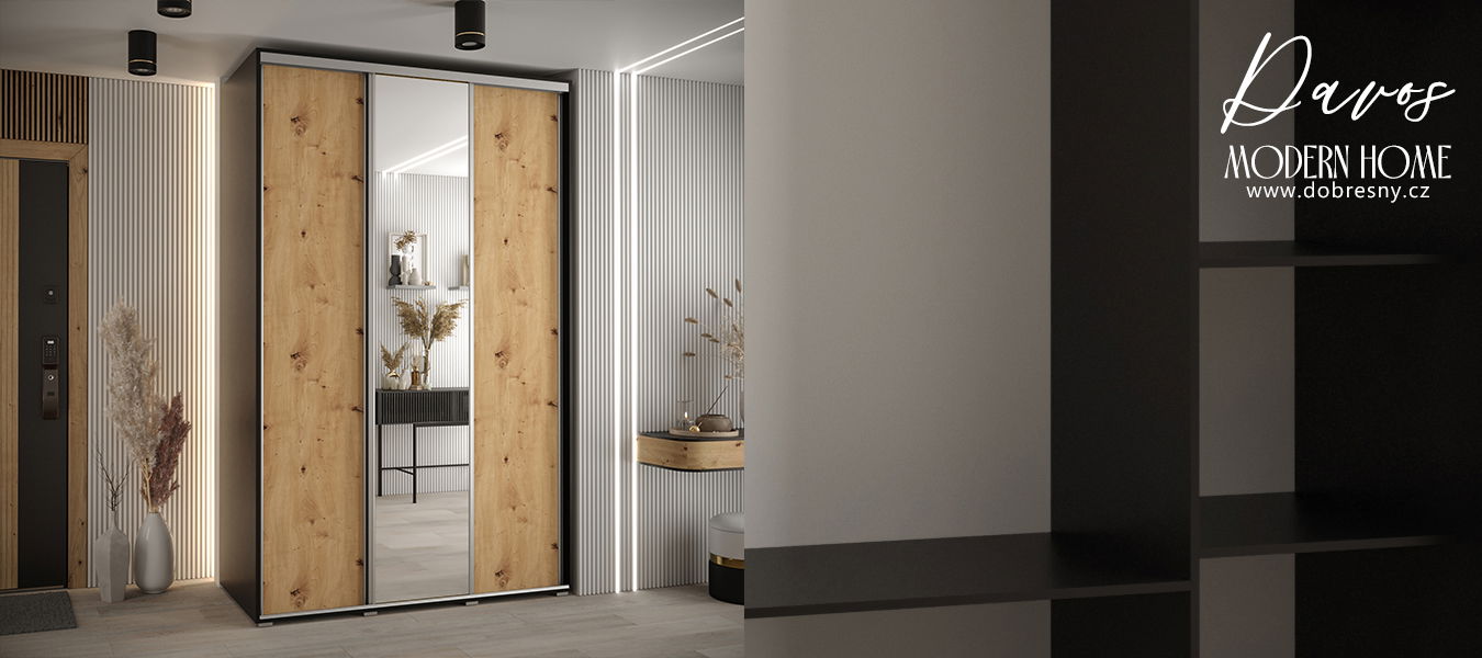 Šatníková skriňa s posuvnými dverami a zrkadlom DAVOS 150cm | Čierna / DUB Artisan / strieborné