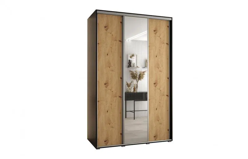 Šatní skříň s posuvnými dveřmi a zrcadlem DAVOS 150cm | Černá / DUB Artisan / stříbrné
