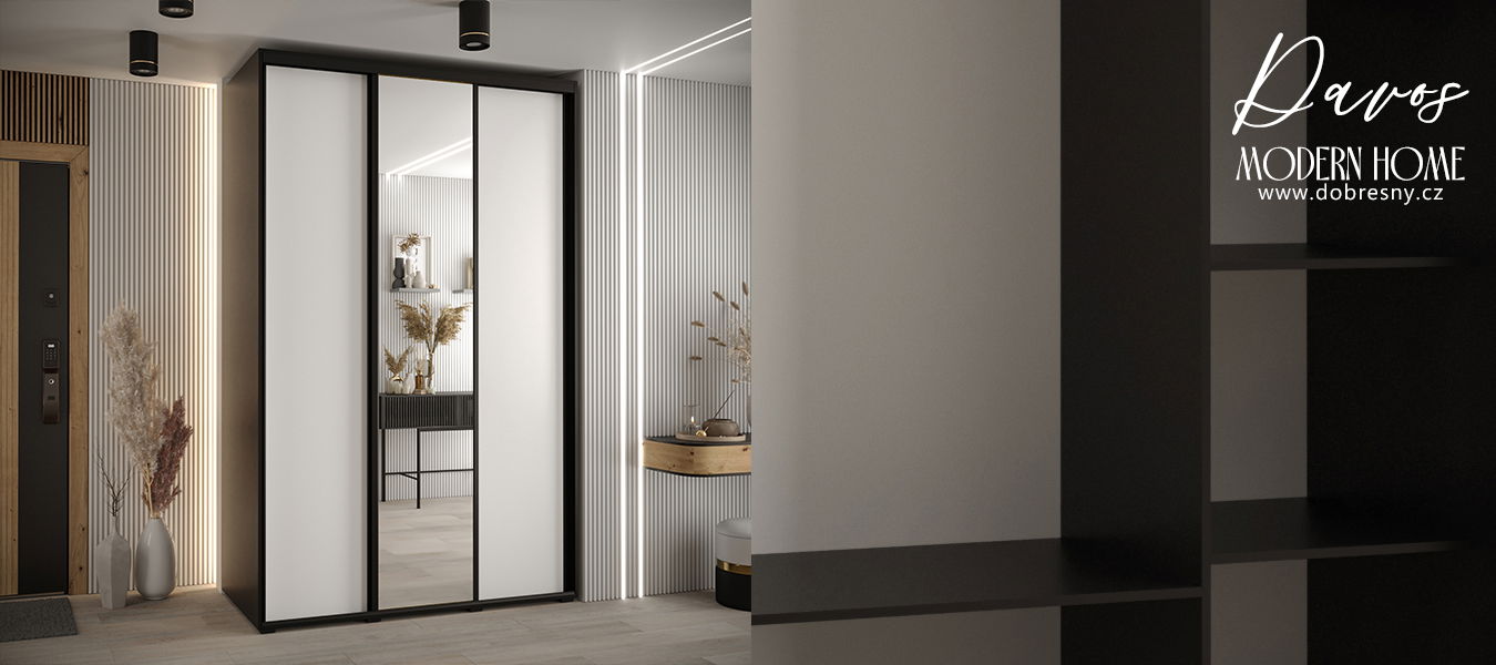 Šatníková skriňa s posuvnými dverami a zrkadlom DAVOS 150cm | Čierna / biela / čierne pojazdy