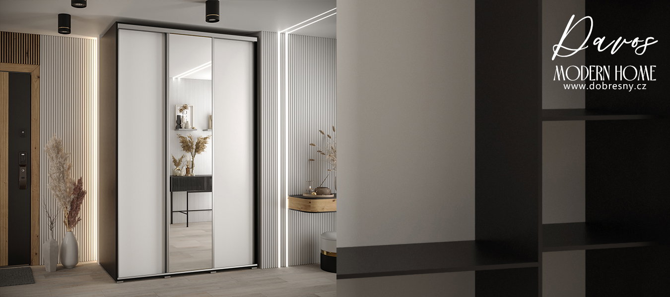 Šatníková skriňa s posuvnými dverami a zrkadlom DAVOS 150cm | Čierna / biela / strieborné pojazdy