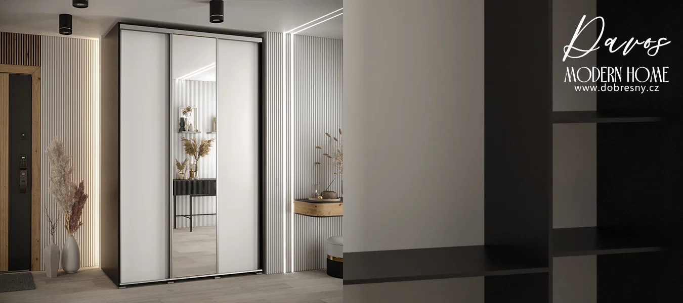Šatní skříň s posuvnými dveřmi a zrcadlem DAVOS 150cm | Černá / bílá / stříbrné pojezdy