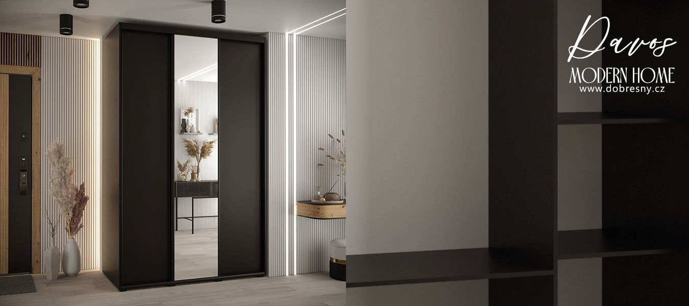 Šatníková skriňa s posuvnými dverami a zrkadlom DAVOS 150cm | Čierna / čierne pojazdy