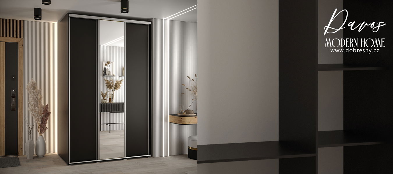 Šatníková skriňa s posuvnými dverami a zrkadlom DAVOS 150cm | Čierna / strieborné pojazdy