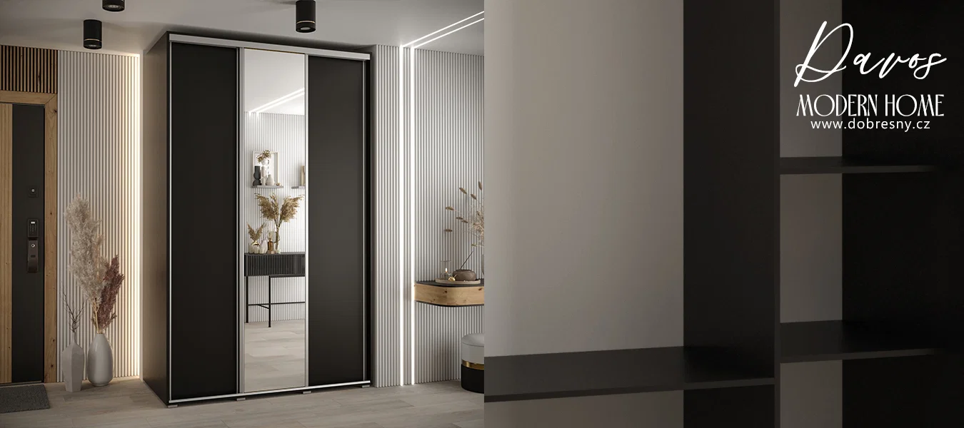Šatní skříň s posuvnými dveřmi a zrcadlem DAVOS 150cm | Černá / stříbrné pojezdy