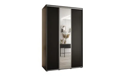 Šatní skříň s posuvnými dveřmi a zrcadlem DAVOS 150cm | Černá / stříbrné pojezdy