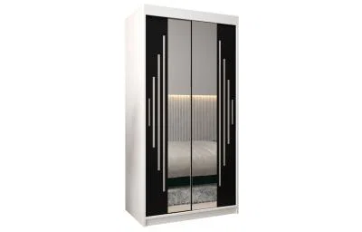 Šatní skříň s posuvnými dveřmi a dvoudílným zrcadlem YORK1 - 100x200cm -Bílá-Černá-