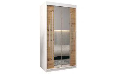 Šatní skříň s posuvnými dveřmi a dvoudílným zrcadlem YORK1 - 100x200cm -Bílá-Dub Artisan-