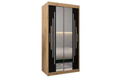 Šatní skříň s posuvnými dveřmi a dvoudílným zrcadlem YORK1 - 100x200cm -Dub Artisan-Černá-