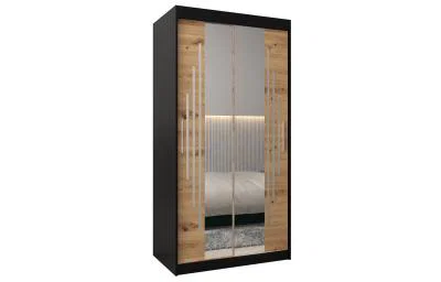Šatní skříň s posuvnými dveřmi a dvoudílným zrcadlem YORK1 - 100x200cm -Černá-Dub Artisan-