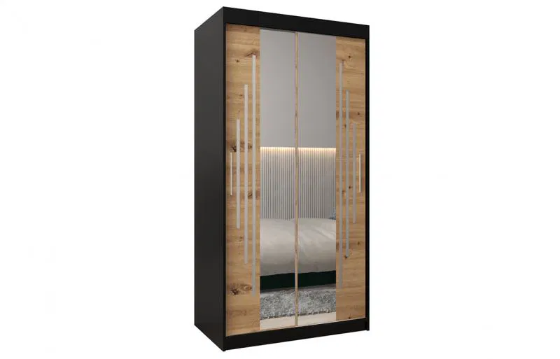 Šatní skříň s posuvnými dveřmi a dvoudílným zrcadlem YORK1 - 100x200cm -Černá-Dub Artisan-