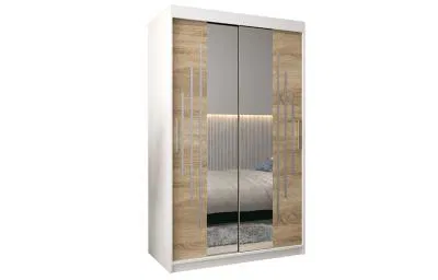 Šatní skříň s posuvnými dveřmi a dvoudílným zrcadlem YORK1 - 120x200cm -Bílá-Dub Sonoma-