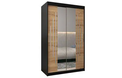 Šatní skříň s posuvnými dveřmi a dvoudílným zrcadlem YORK1 - 120x200cm -Černá-Dub Artisan-