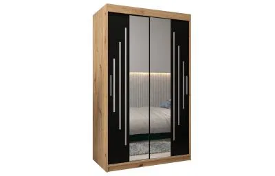 Šatní skříň s posuvnými dveřmi a dvoudílným zrcadlem YORK1 - 120x200cm -Dub Artisan-Černá-
