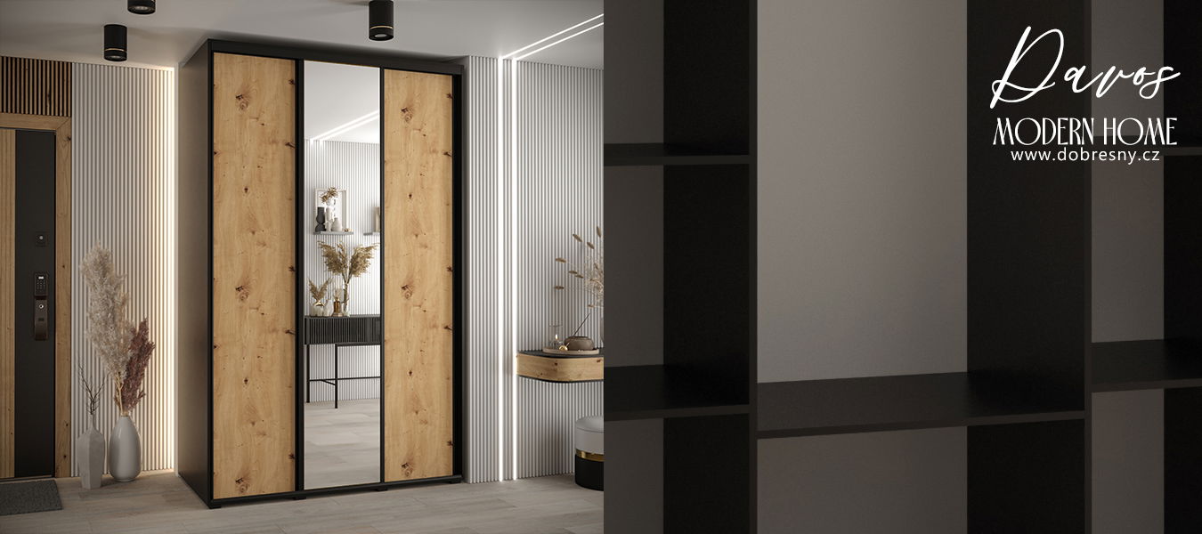 Šatníková skriňa s posuvnými dverami a zrkadlom DAVOS 160cm | Čierna / DUB Artisan / čierne pojazd
