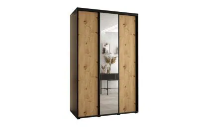 Šatní skříň s posuvnými dveřmi a zrcadlem DAVOS 160cm | Černá / DUB Artisan / černé pojezd