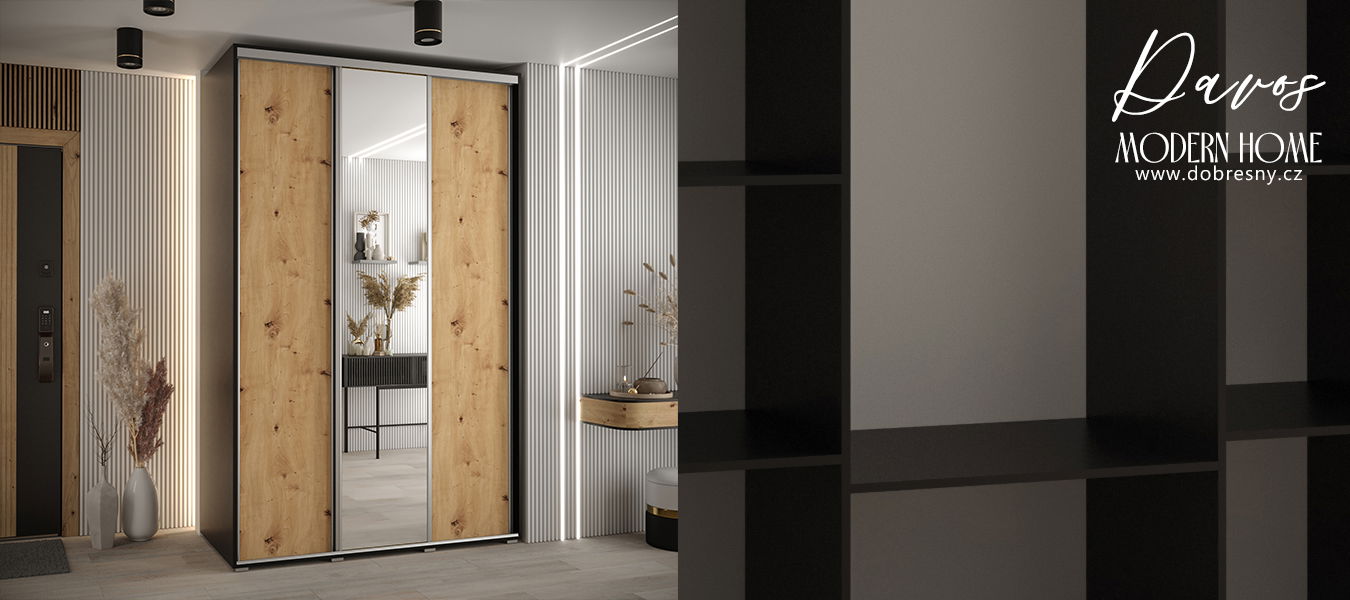 Šatníková skriňa s posuvnými dverami a zrkadlom DAVOS 160cm | Čierna / DUB Artisan / strieborné