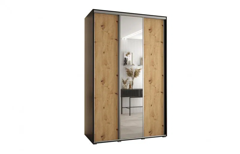 Šatní skříň s posuvnými dveřmi a zrcadlem DAVOS 160cm | Černá / DUB Artisan / stříbrné