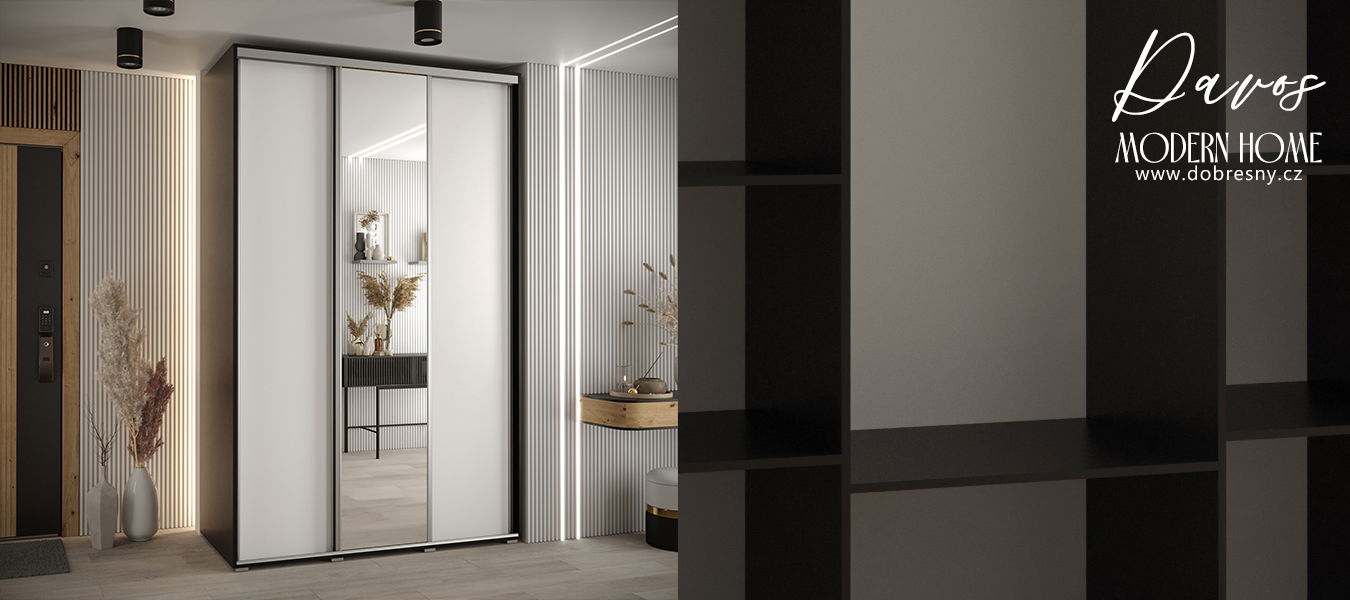 Šatníková skriňa s posuvnými dverami a zrkadlom DAVOS 160cm | Čierna / biela / strieborné pojazdy