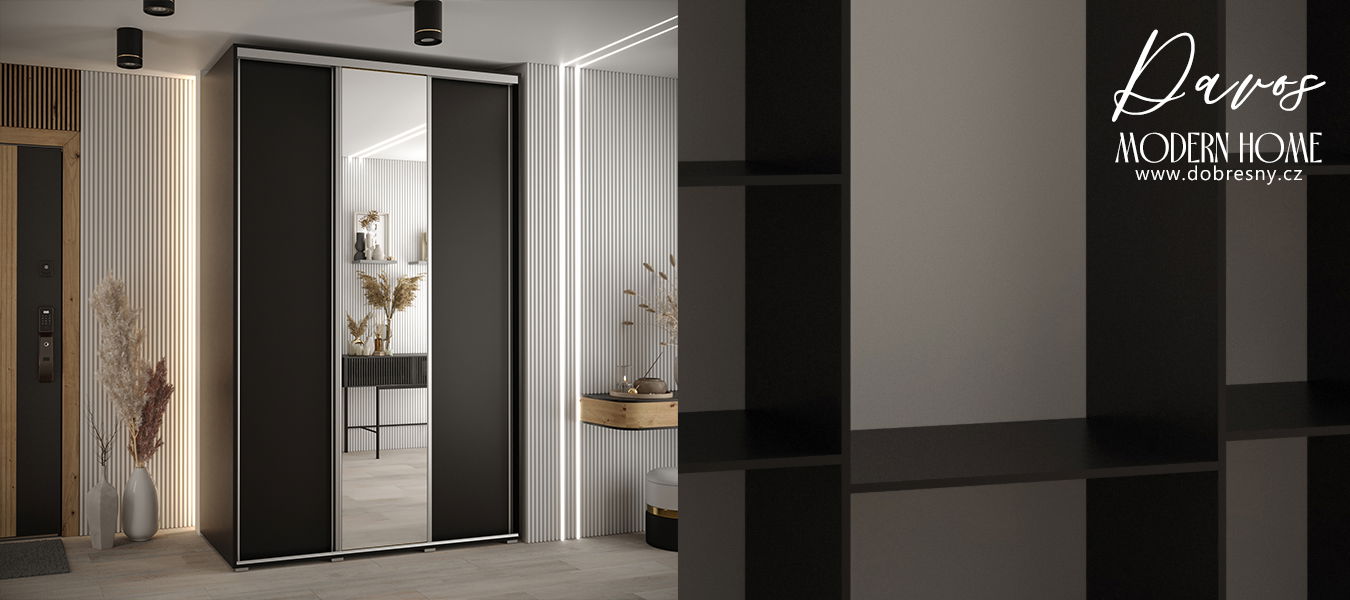 Šatníková skriňa s posuvnými dverami a zrkadlom DAVOS 160cm | Čierna / strieborné pojazdy