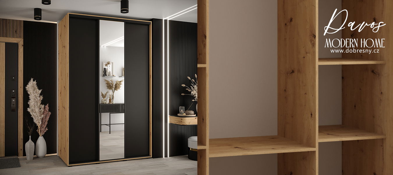 Šatníková skriňa s posuvnými dverami a zrkadlom DAVOS 160cm | DUB Artisan / čierna / čierne pojazdy