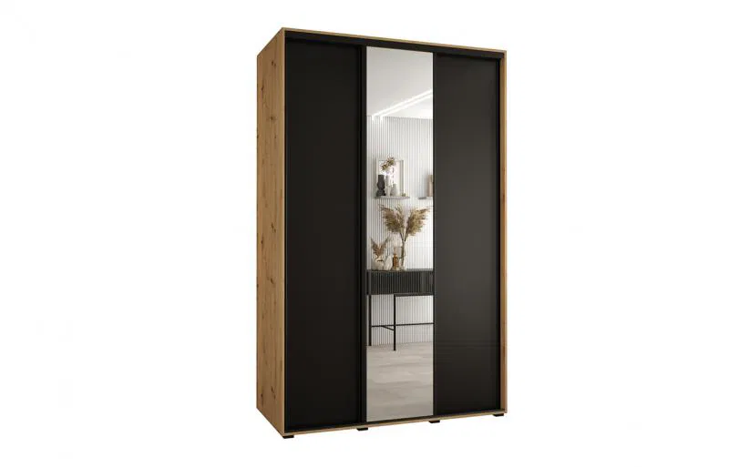 Šatní skříň s posuvnými dveřmi a zrcadlem DAVOS 160cm |DUB Artisan / černá / černé pojezdy