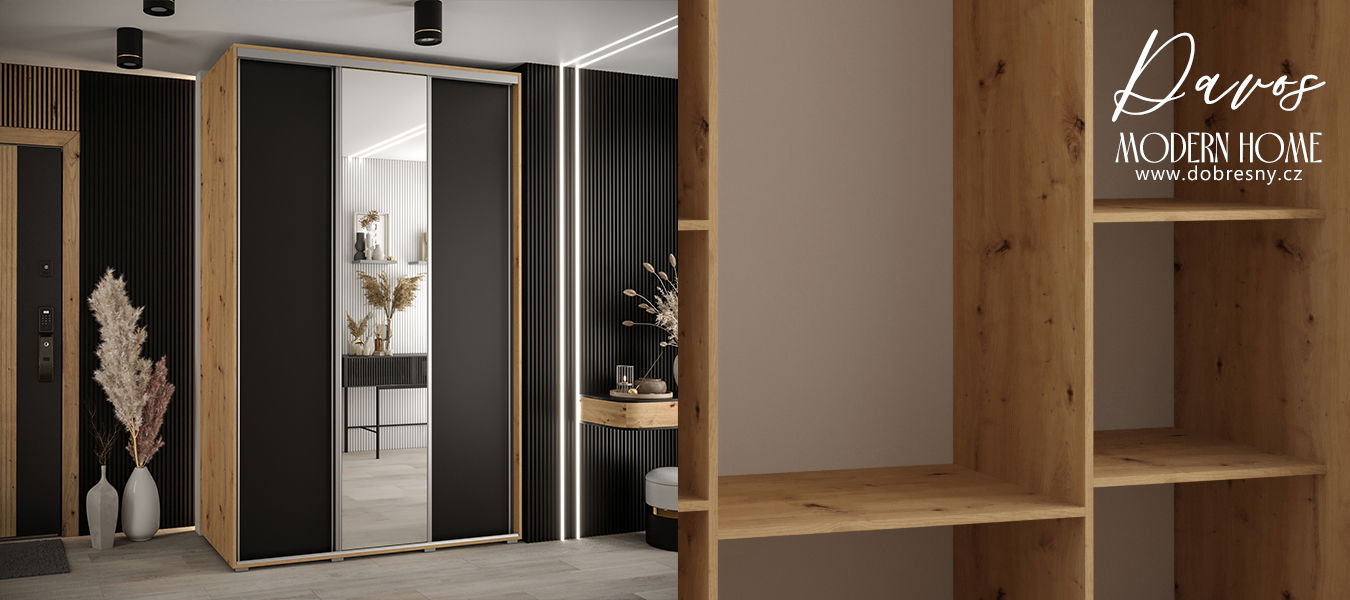 Šatníková skriňa s posuvnými dverami a zrkadlom DAVOS 160cm | DUB Artisan / čierna / strieborné