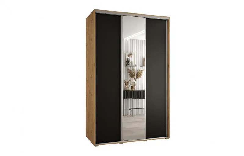 Šatní skříň s posuvnými dveřmi a zrcadlem DAVOS 160cm | DUB Artisan / černá / stříbrné