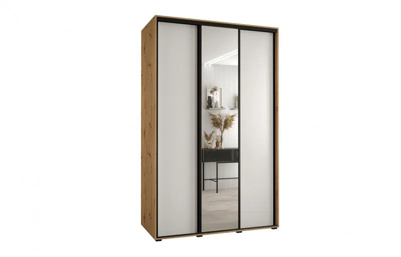 Šatní skříň s posuvnými dveřmi a zrcadlem DAVOS 160cm | DUB Artisan / bílá / černé pojezdy
