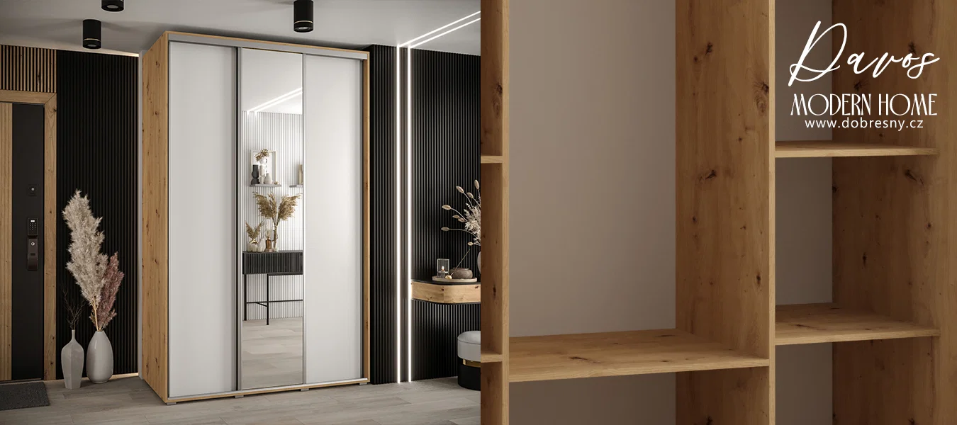 Šatní skříň s posuvnými dveřmi a zrcadlem DAVOS 160cm | DUB Artisan / bílá / stříbrné