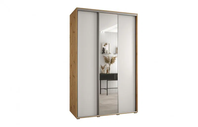 Šatní skříň s posuvnými dveřmi a zrcadlem DAVOS 160cm | DUB Artisan / bílá / stříbrné