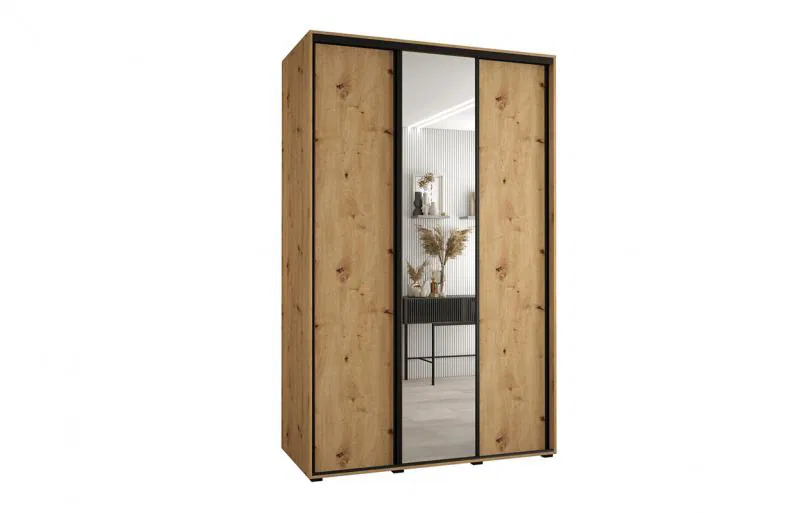Šatní skříň s posuvnými dveřmi a zrcadlem DAVOS 160cm | DUB Artisan / černé pojezdy