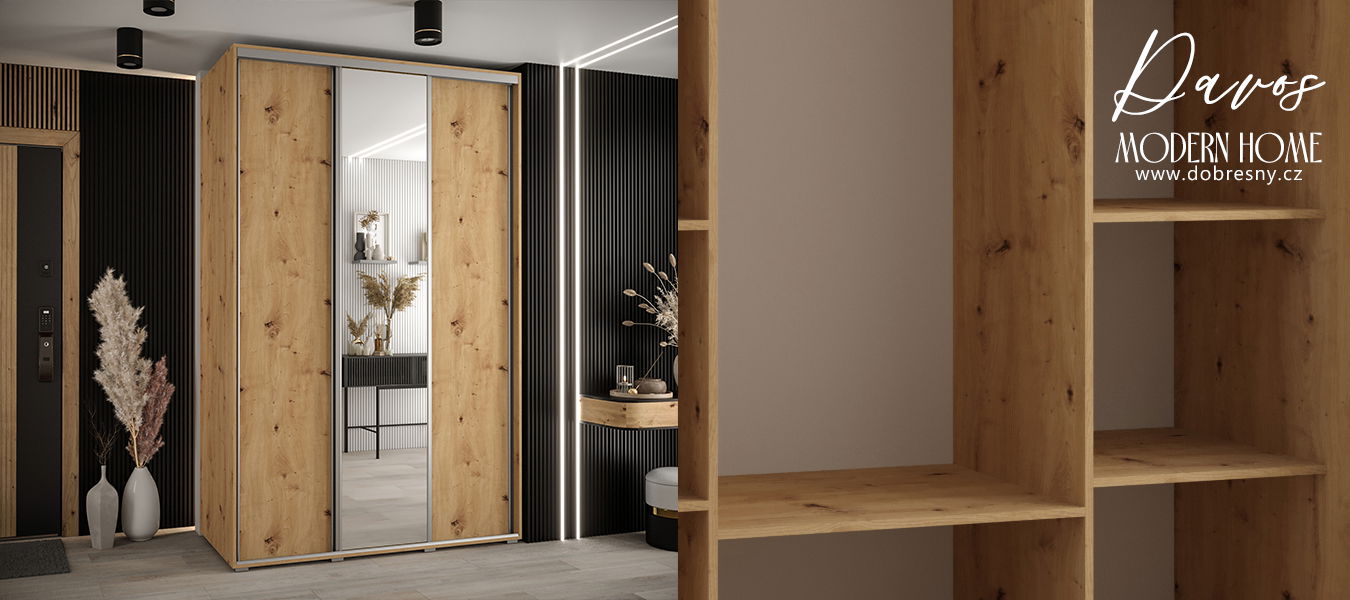 Šatníková skriňa s posuvnými dverami a zrkadlom DAVOS 160cm | DUB Artisan / strieborné pojazdy