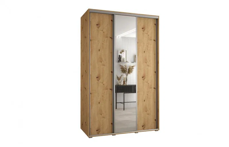 Šatní skříň s posuvnými dveřmi a zrcadlem DAVOS 160cm | DUB Artisan / stříbrné pojezdy