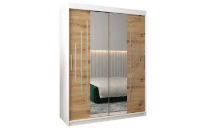 Šatní skříň s posuvnými dveřmi a dvoudílným zrcadlem YORK1 - 150x200cm -Bílá-Dub Artisan-