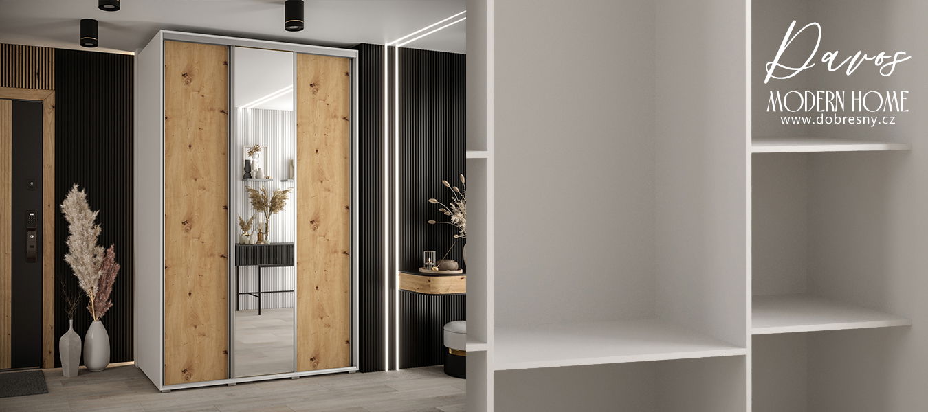 Šatníková skriňa s posuvnými dverami a zrkadlom DAVOS 160cm | Biela / DUB Artisan / strieborné