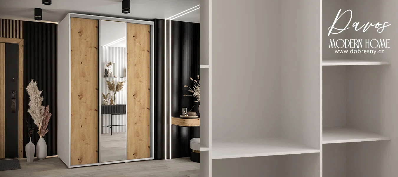 Šatní skříň s posuvnými dveřmi a zrcadlem DAVOS 160cm | Bílá / DUB Artisan / stříbrné