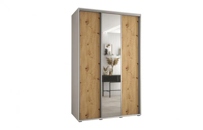 Šatní skříň s posuvnými dveřmi a zrcadlem DAVOS 160cm | Bílá / DUB Artisan / stříbrné
