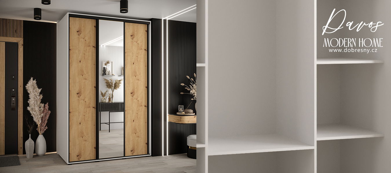 Šatníková skriňa s posuvnými dverami a zrkadlom DAVOS 160cm | Biela / DUB Artisan / čierne pojazdy
