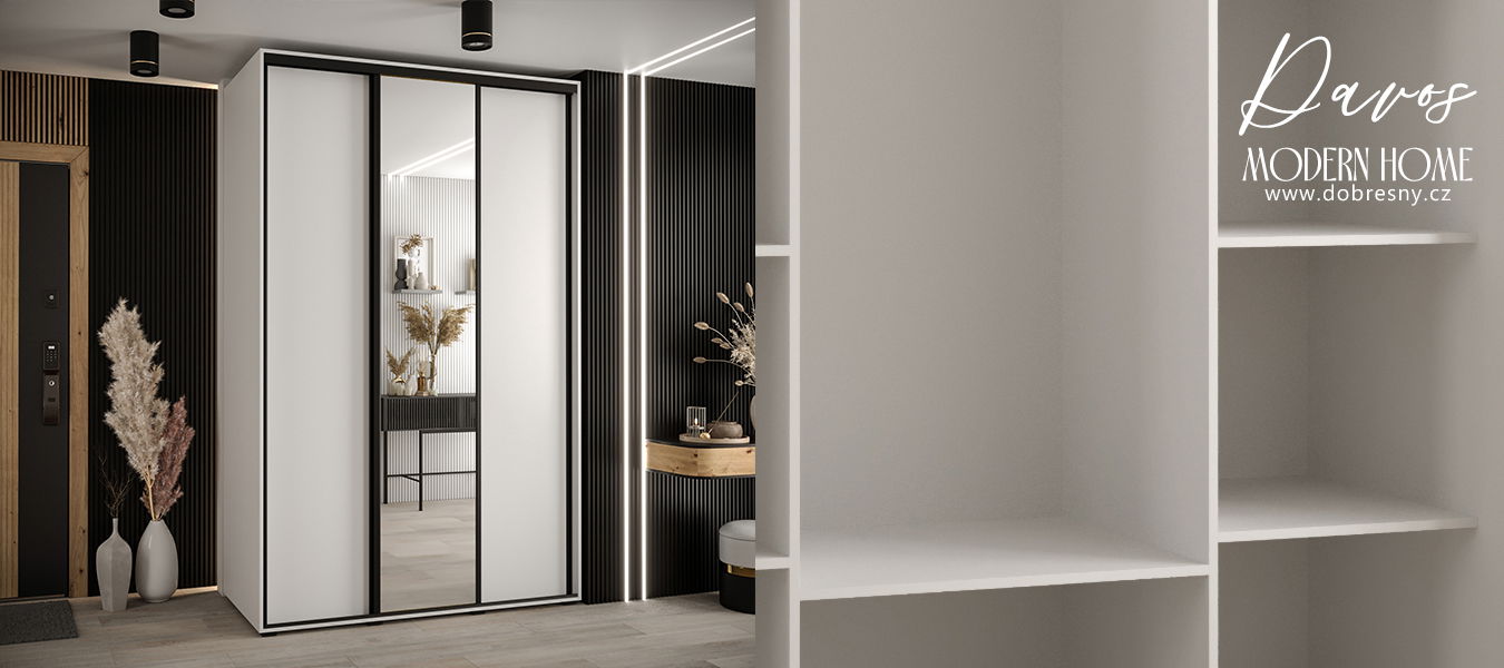 Šatníková skriňa s posuvnými dverami a zrkadlom DAVOS 160 cm | Biela / čierne pojazdy
