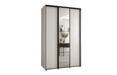 Šatní skříň s posuvnými dveřmi a zrcadlem DAVOS 160 cm | Bílá / černé pojezdy