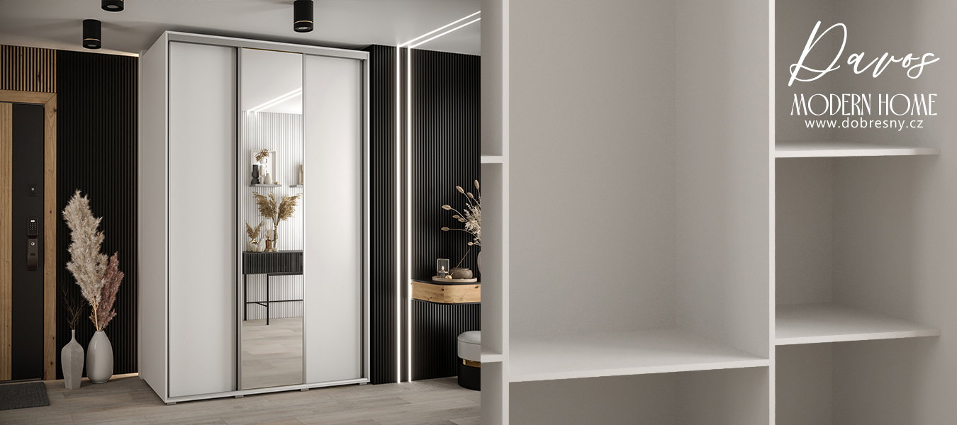Šatníková skriňa s posuvnými dverami a zrkadlom DAVOS 160cm | Biela / strieborné pojazdy