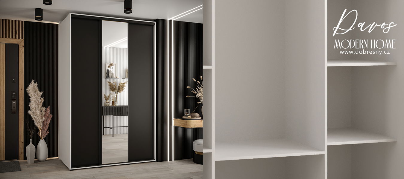 Šatníková skriňa s posuvnými dverami a zrkadlom DAVOS 160cm | Biela / čierna / čierne pojazdy
