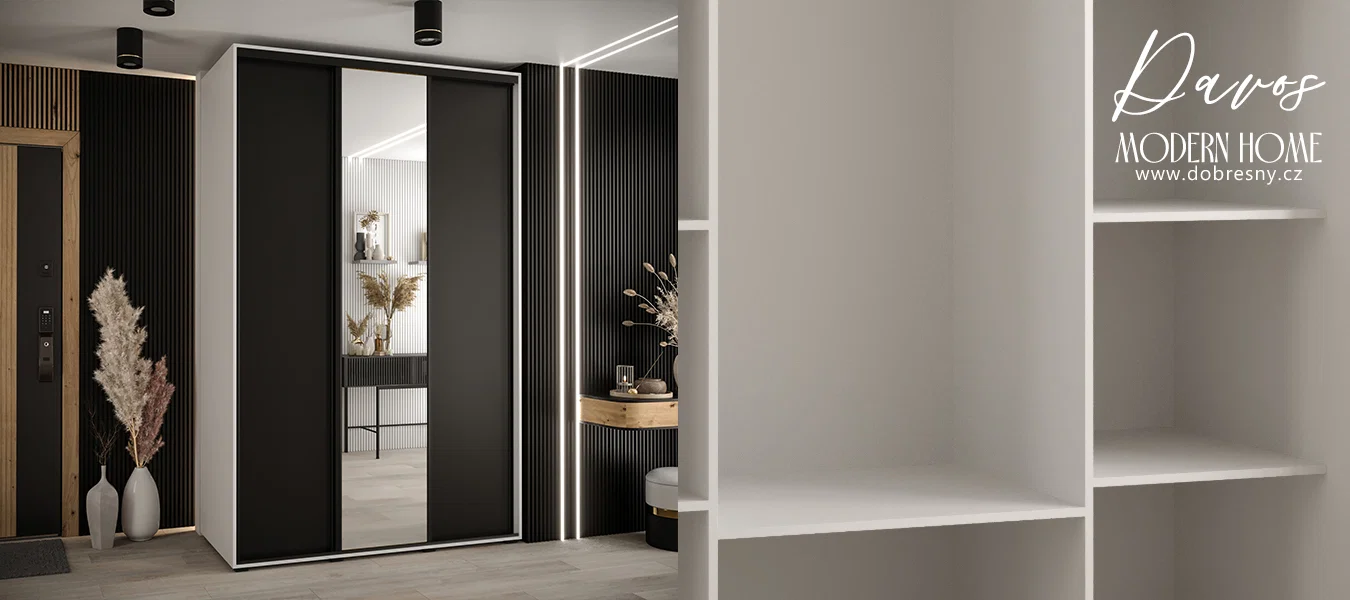 Šatní skříň s posuvnými dveřmi a zrcadlem DAVOS 160cm | Bílá / černá / černé pojezdy