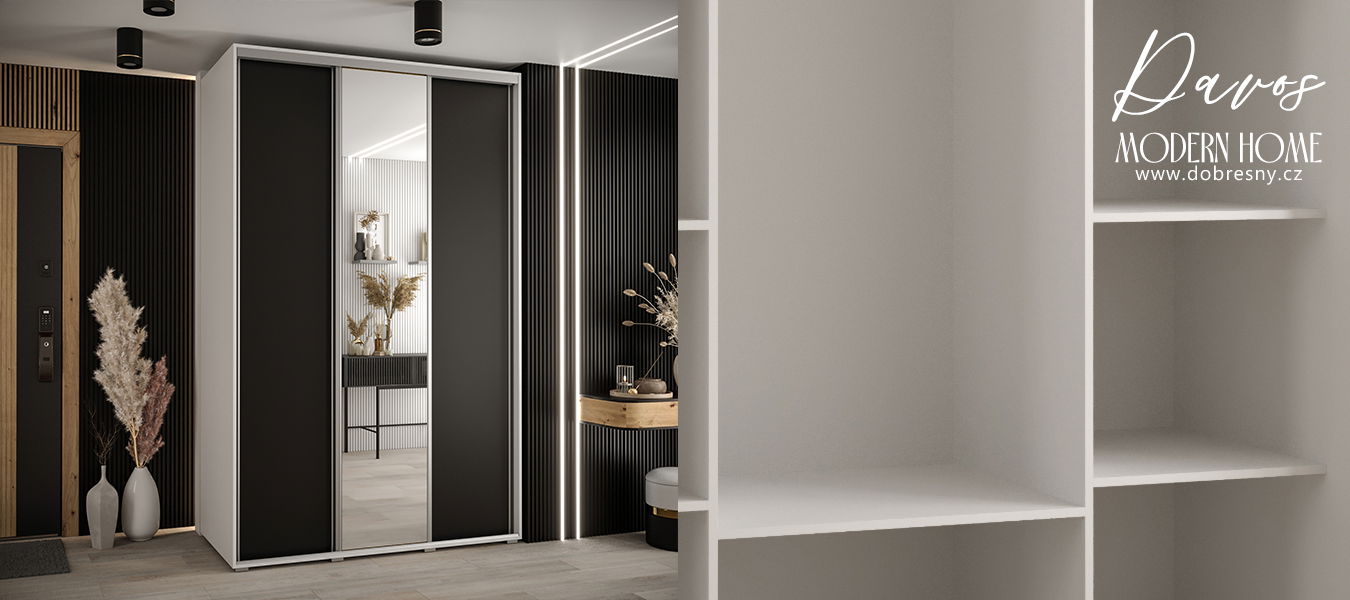 Šatníková skriňa s posuvnými dverami a zrkadlom DAVOS 160cm | Biela / čierna / strieborné pojazdy