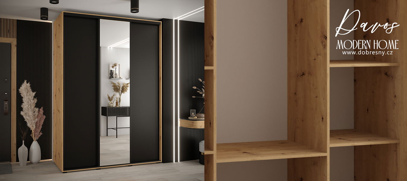 Šatníková skriňa s posuvnými dverami a zrkadlom DAVOS 170cm | DUB Artisan / čierna / čierne pojazdy