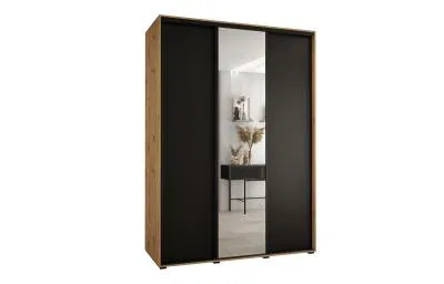 Šatní skříň s posuvnými dveřmi a zrcadlem DAVOS 170cm |DUB Artisan / černá / černé pojezdy