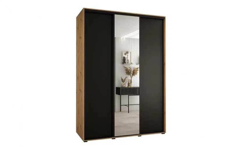 Šatní skříň s posuvnými dveřmi a zrcadlem DAVOS 170cm |DUB Artisan / černá / černé pojezdy