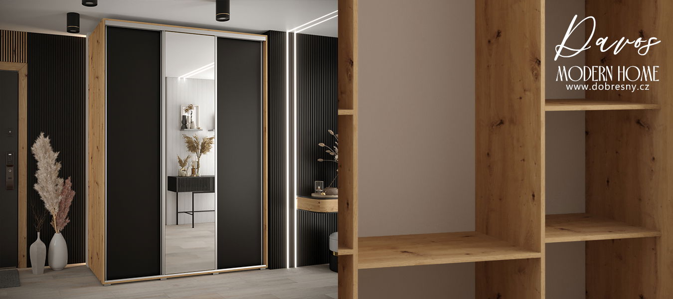 Šatníková skriňa s posuvnými dverami a zrkadlom DAVOS 170cm | DUB Artisan / čierna / strieborné