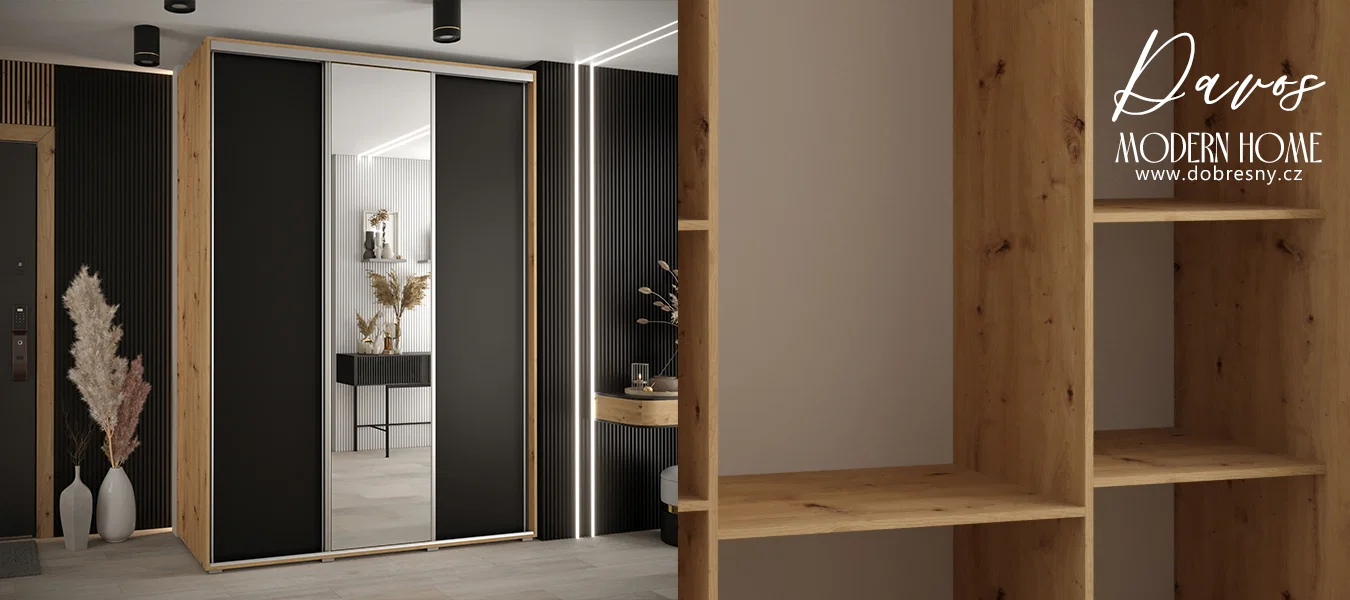 Šatní skříň s posuvnými dveřmi a zrcadlem DAVOS 170cm | DUB Artisan / černá / stříbrné